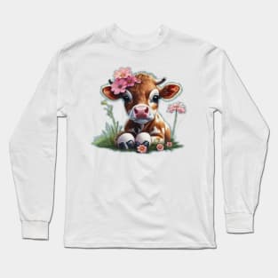 cute cow with flowers Long Sleeve T-Shirt